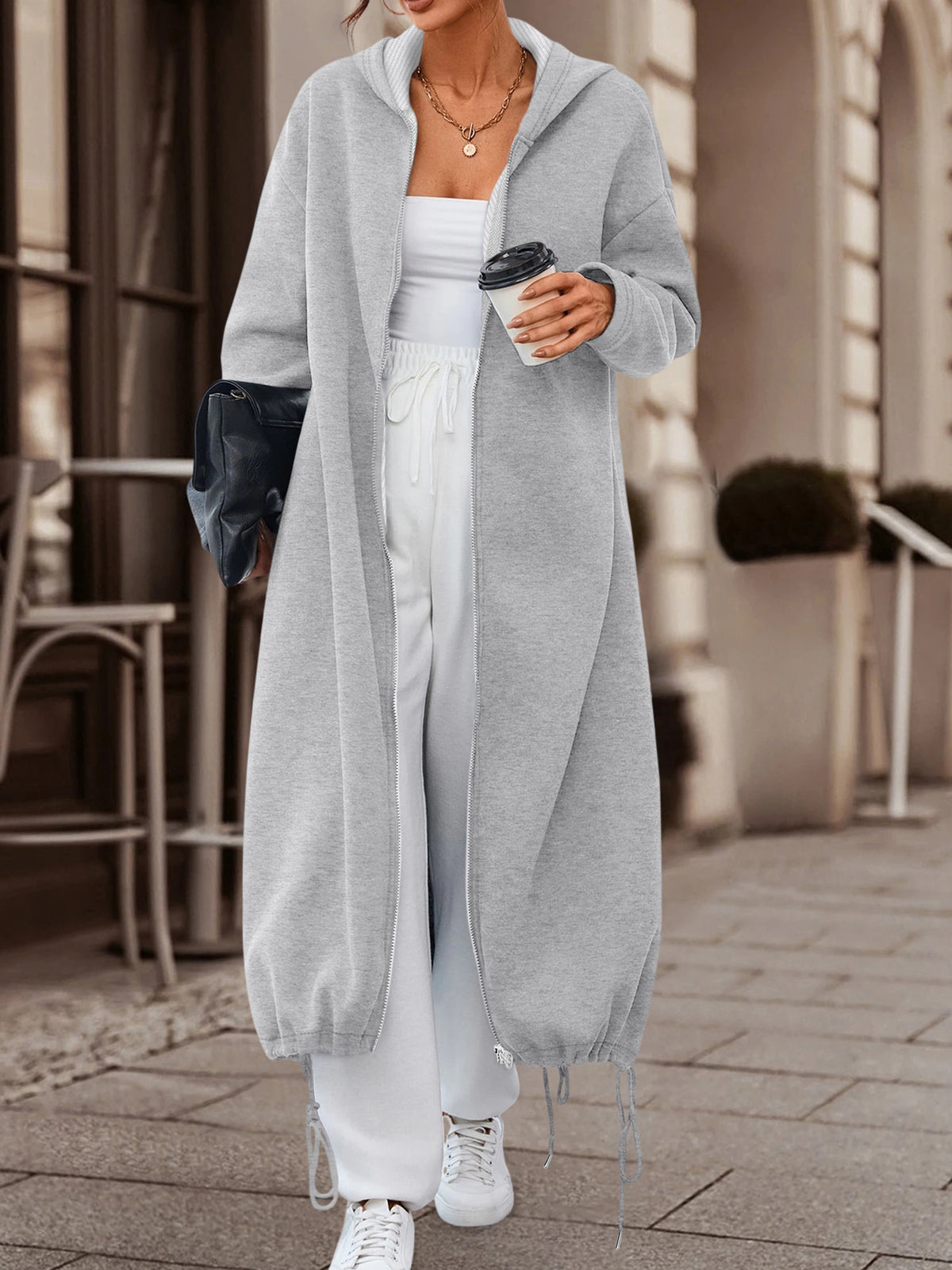 autumn winter womens slightly elastic long hooded zip coat
