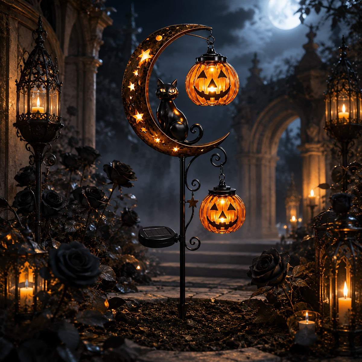3d halloween solar garden plug in light crescent black cat
