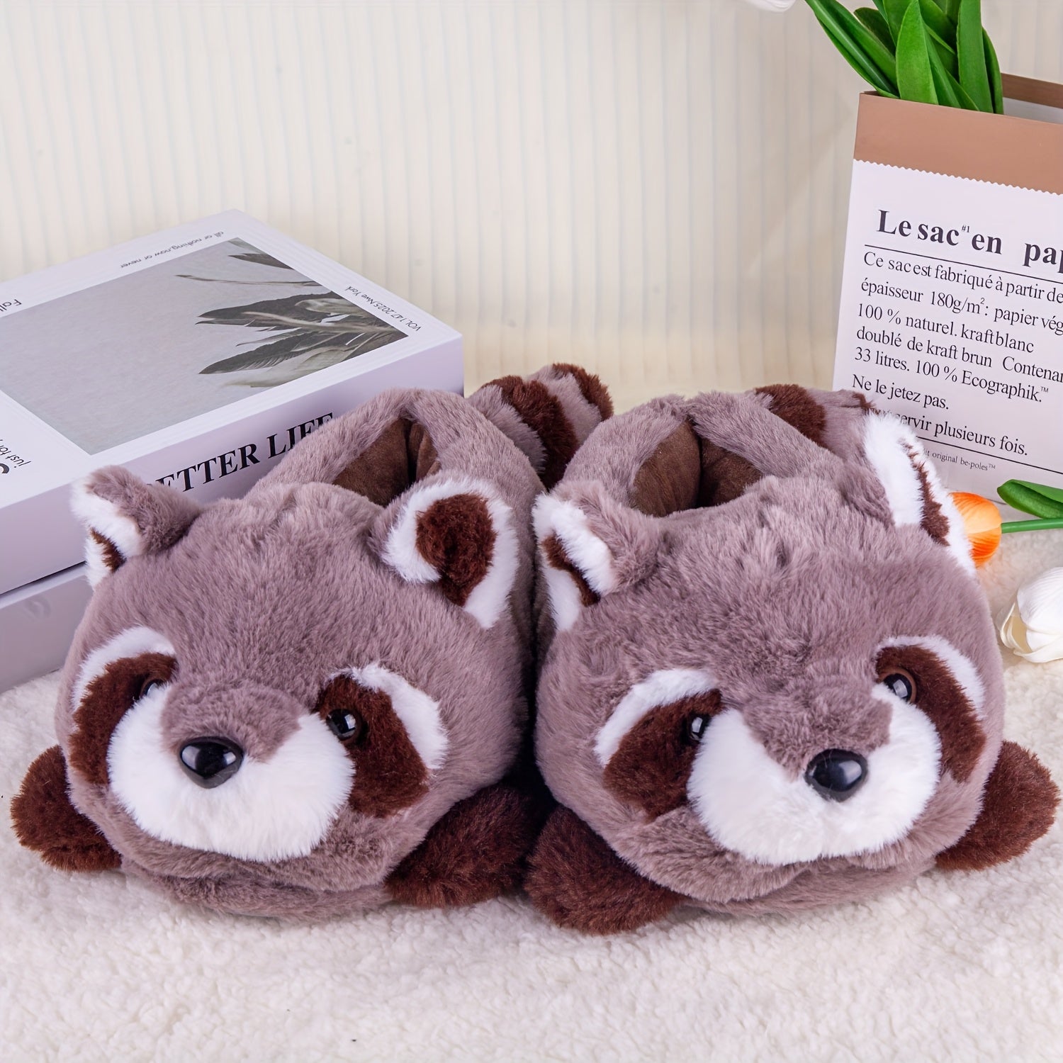 cute stuffed gray raccoon plush indoor slippers comfortable