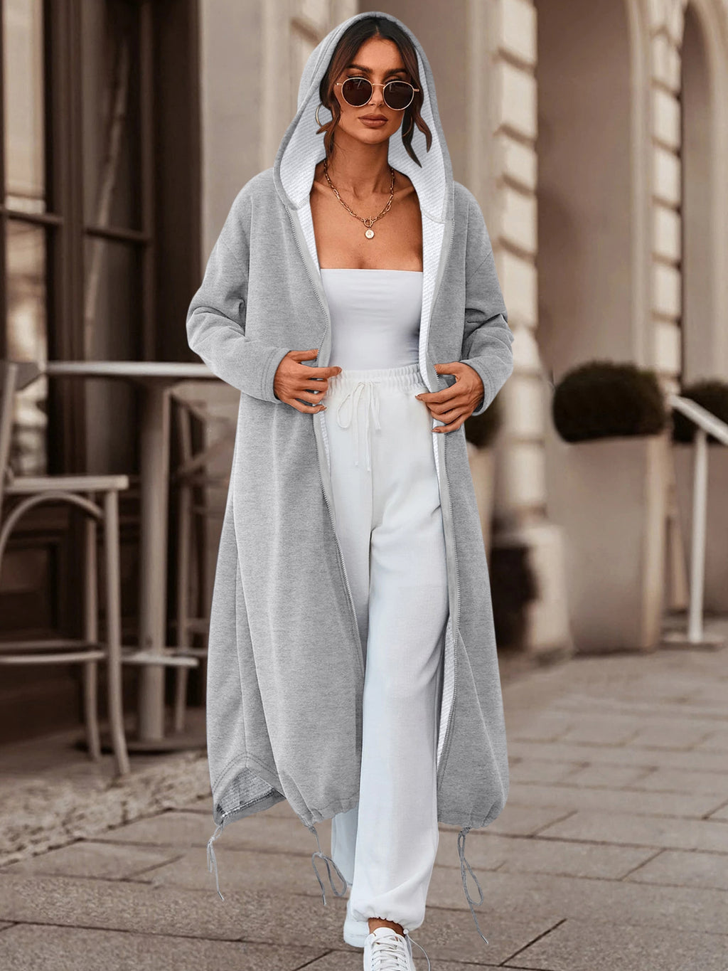 autumn winter womens slightly elastic long hooded zip coat