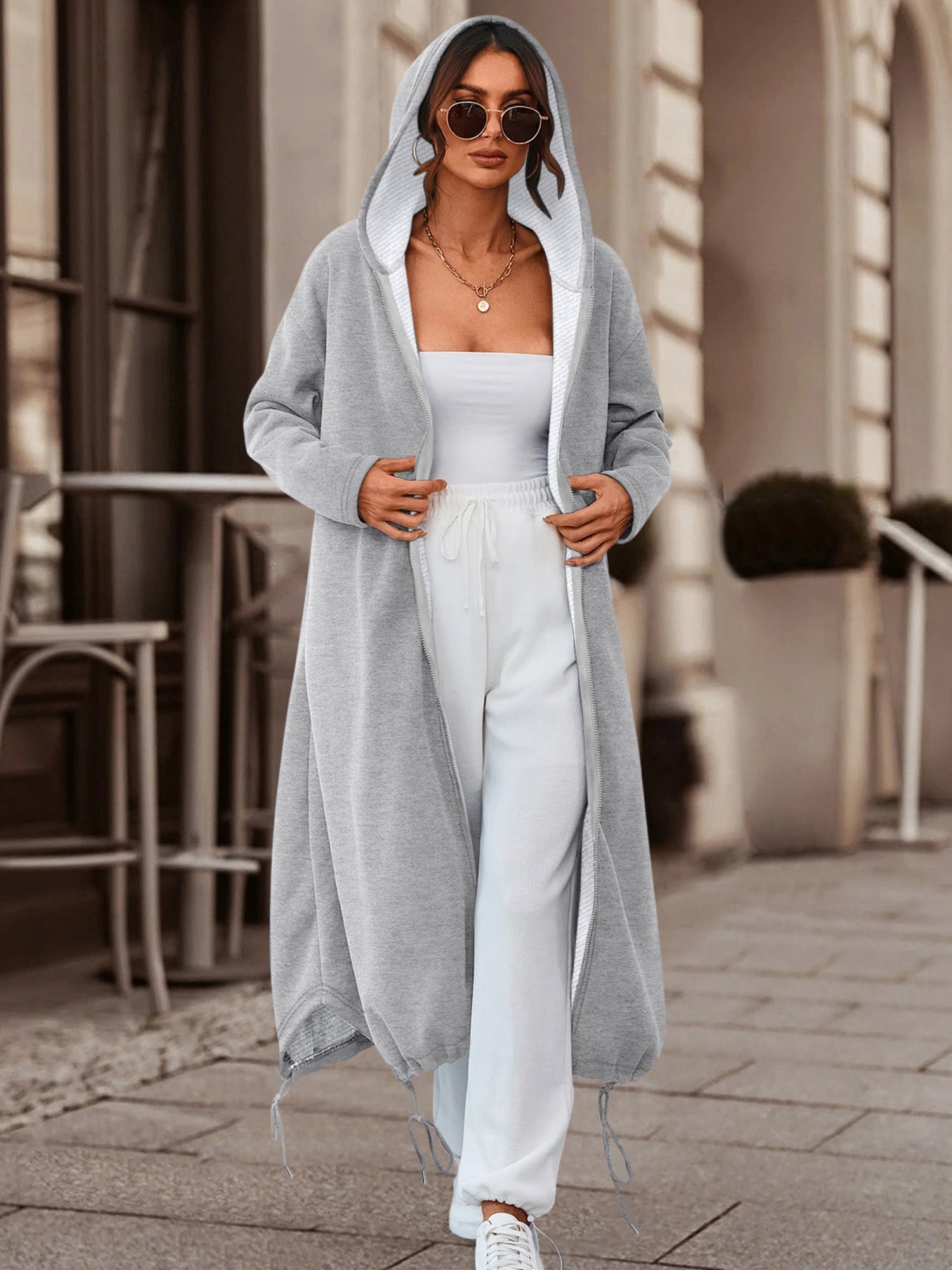 autumn winter womens slightly elastic long hooded zip coat