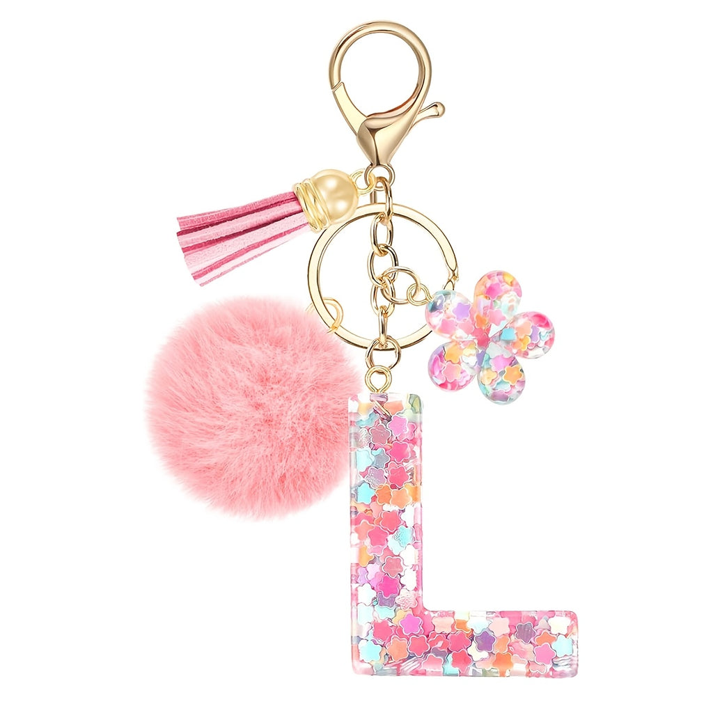 ladies initial keychain cute pink flower resin letter