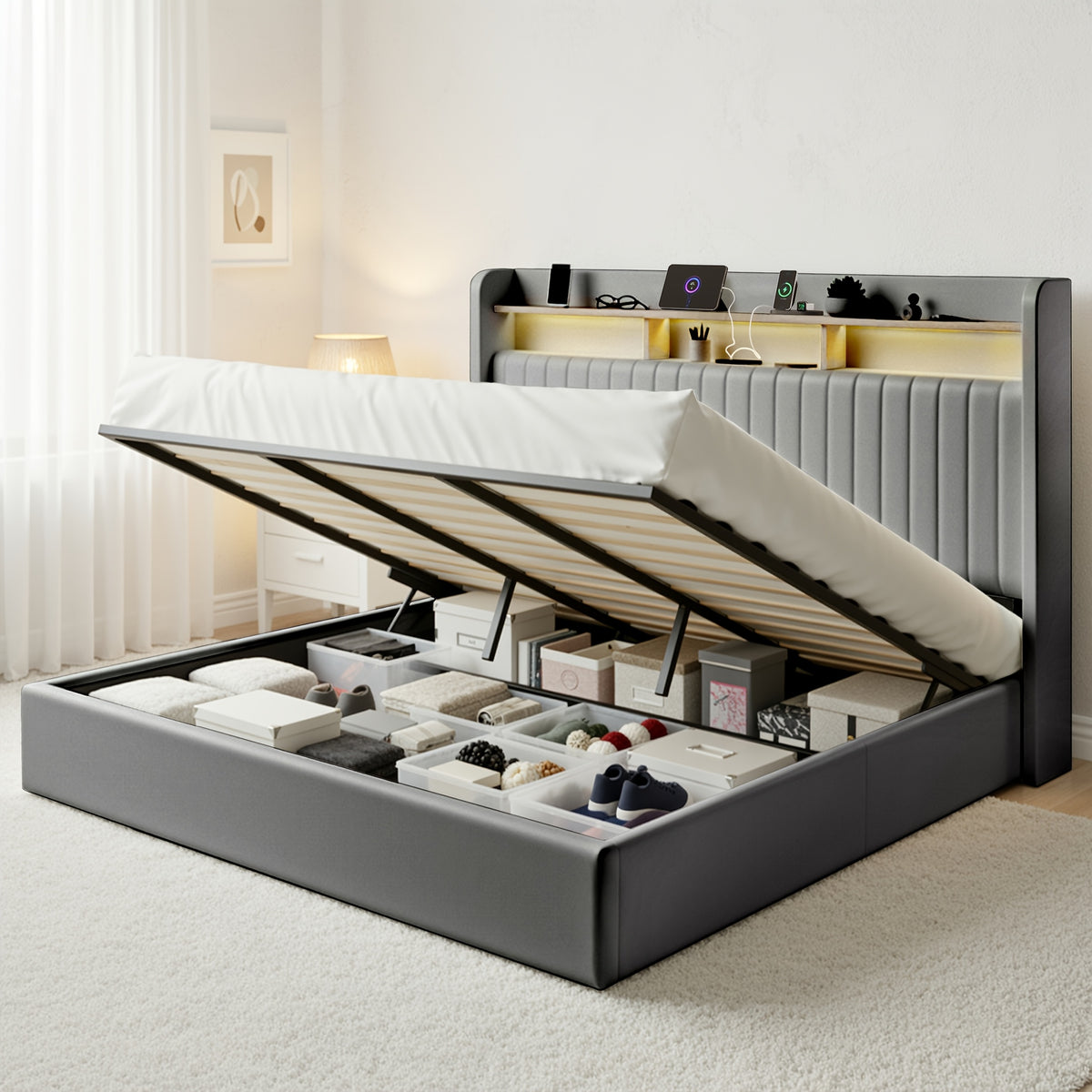 lift storage bed frame velvet vertical channel