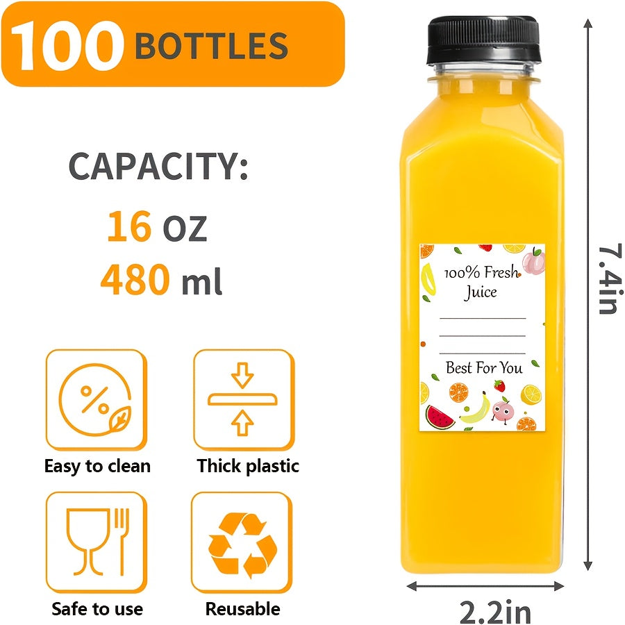 100pcs bulk 16oz clear reusable plastic juice bottles caps