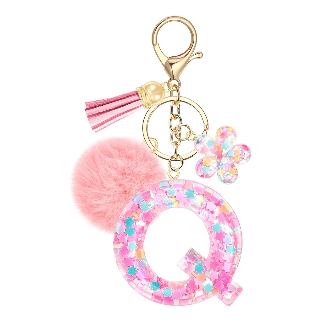 ladies initial keychain cute pink flower resin letter