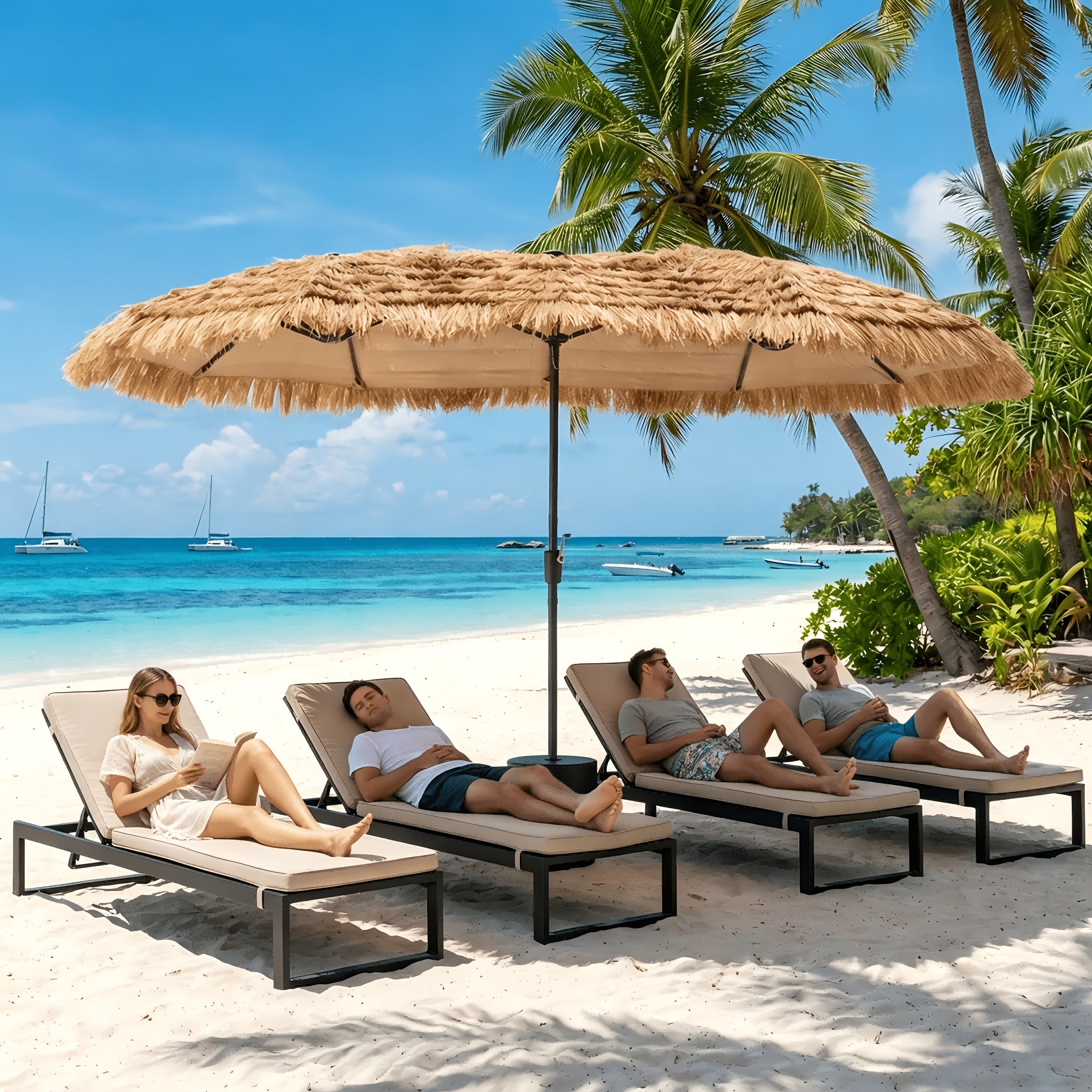 13ft triple head   thatch patio umbrella