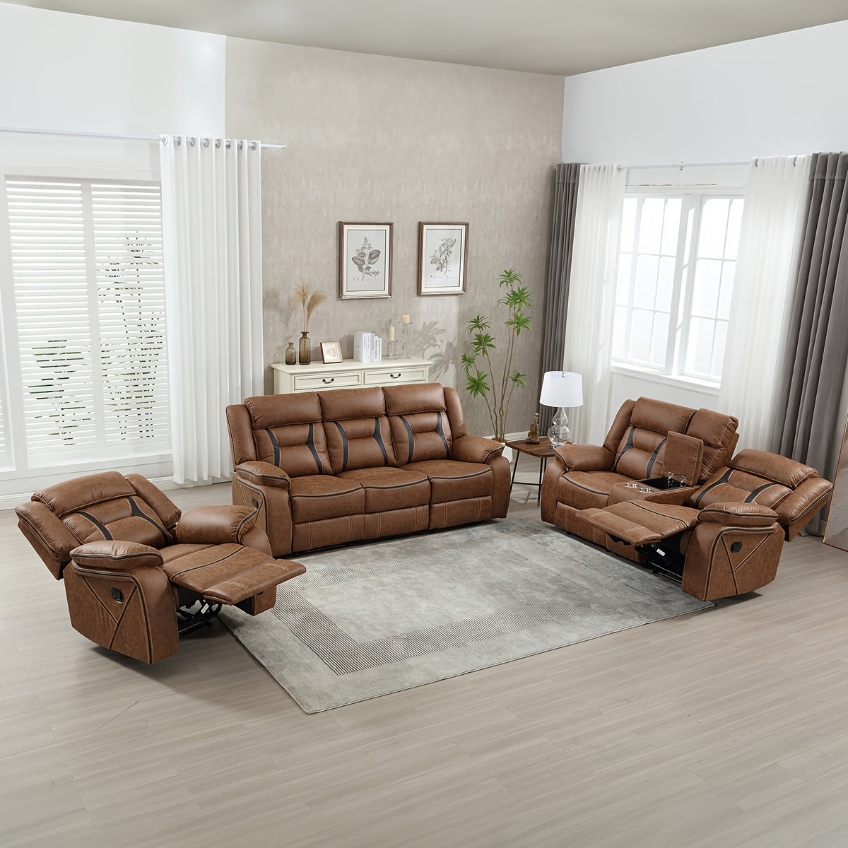 faux leather manual recliner set 3 seat sofa loveseat