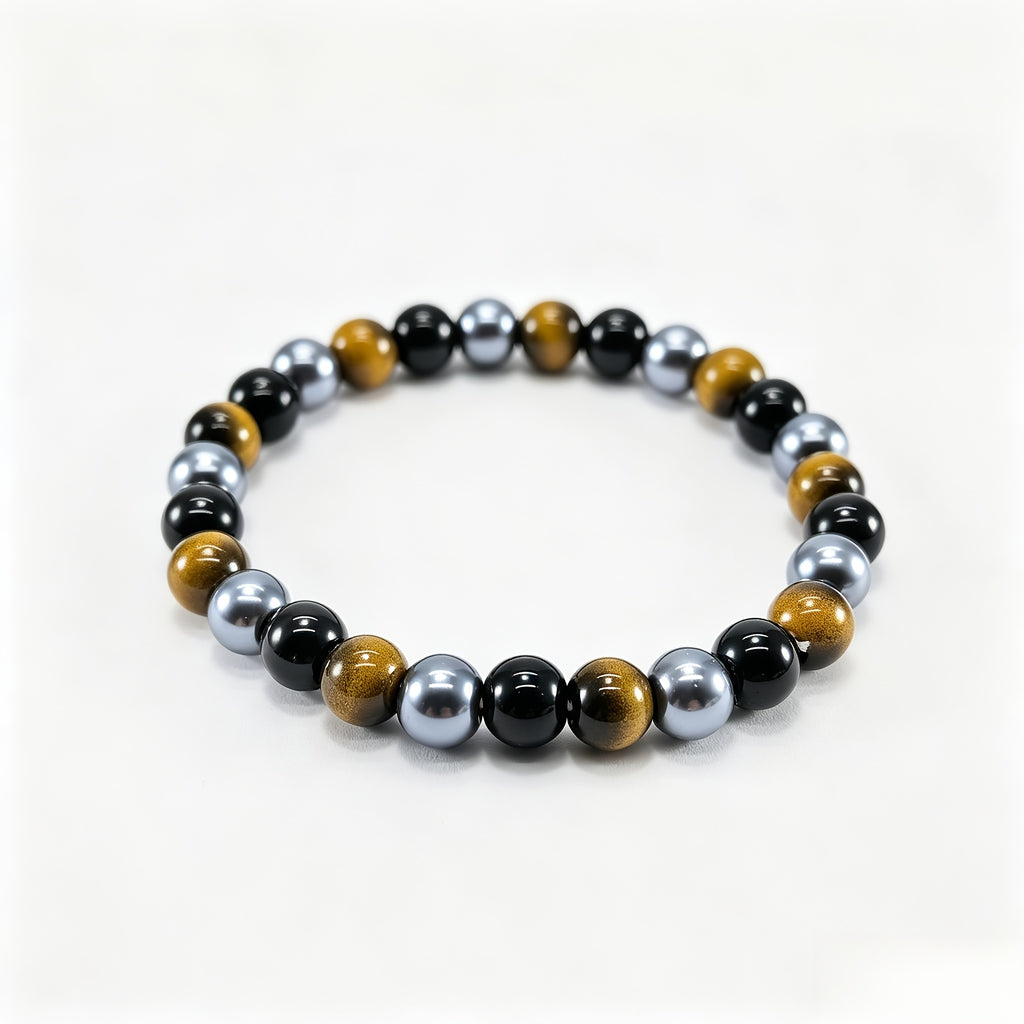 a bracelet made three types stones tigers eye obsidian black