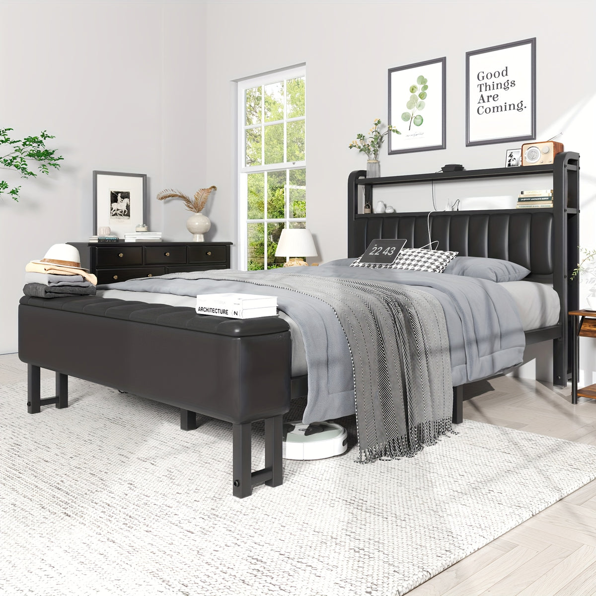 metal platform bed storage   upholstered headboard