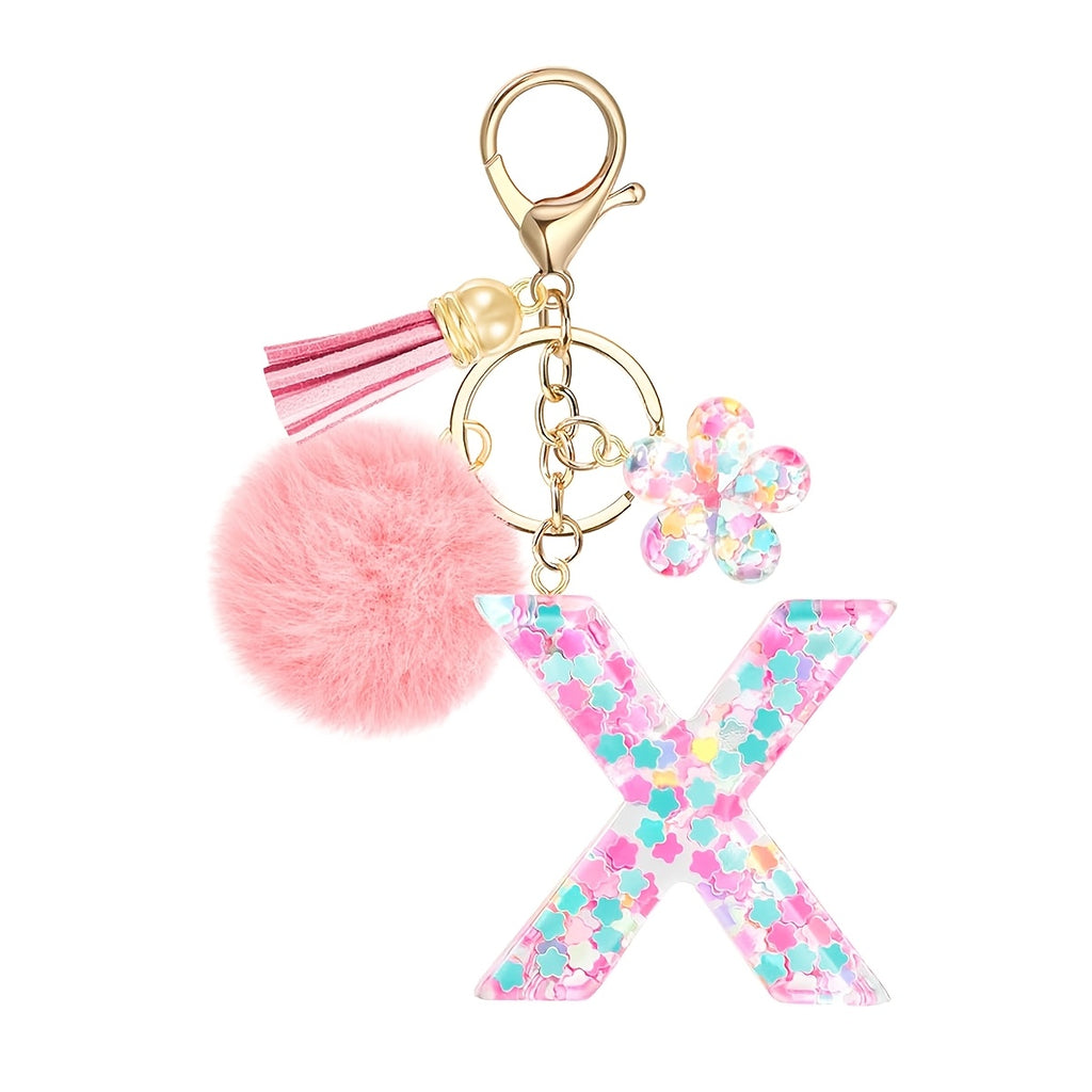 ladies initial keychain cute pink flower resin letter