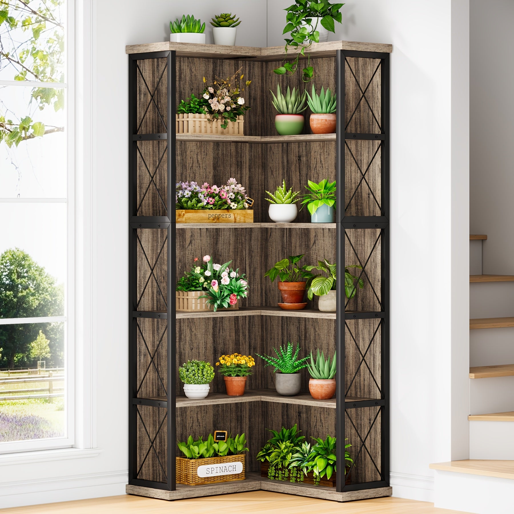5 tier l shaped corner bookshelf   bookcase light