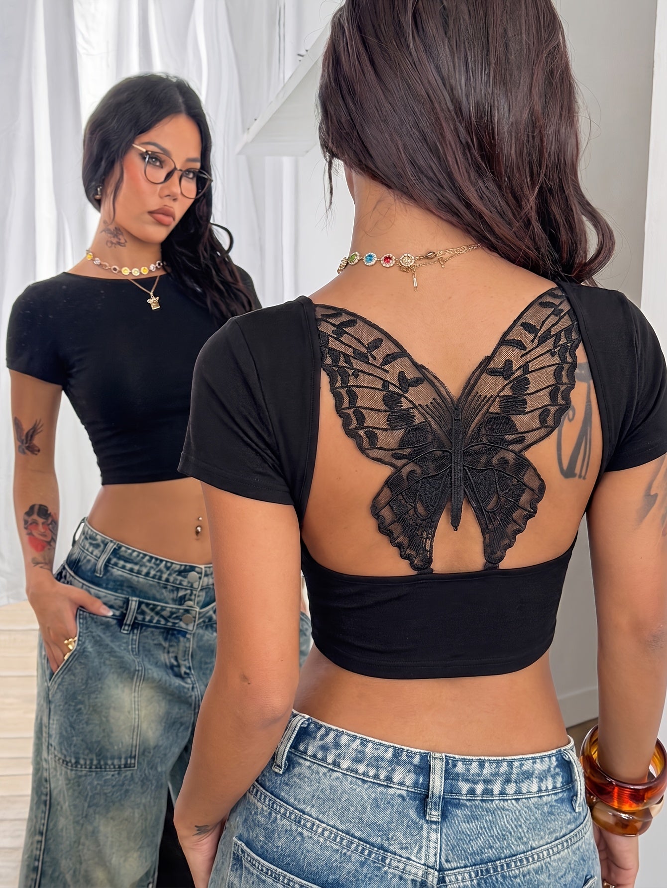 womens y2k solid back   lace hollow short sleeve