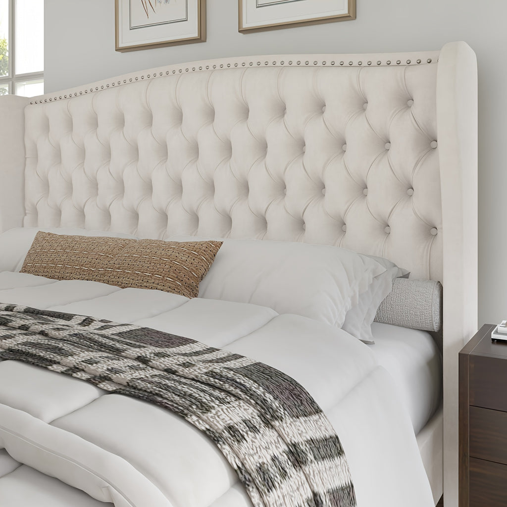 handcrafted velvet bed frame featuring a wingback headboard