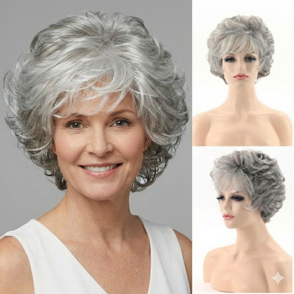 popular silvery gray short wavy wig women featuring a fluffy