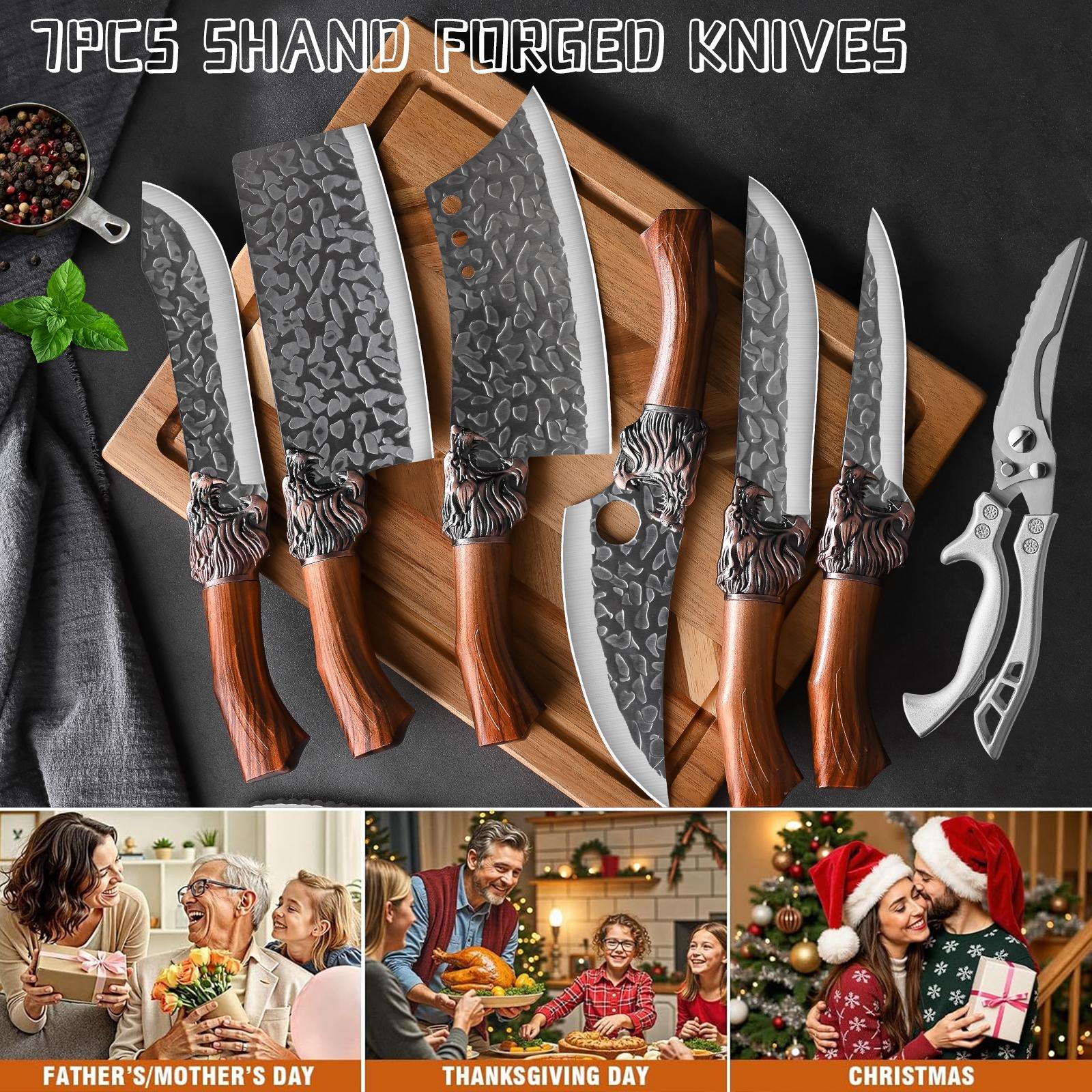 7pcs chef knife set   damascus style blade brown