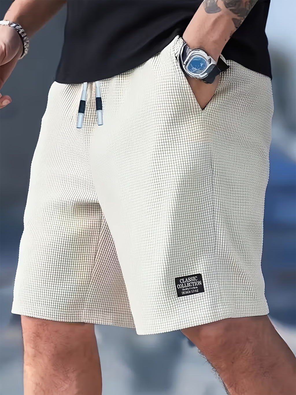 1pc mens waffle texture casual athletic shorts drawstring