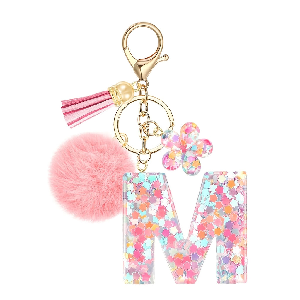 ladies initial keychain cute pink flower resin letter