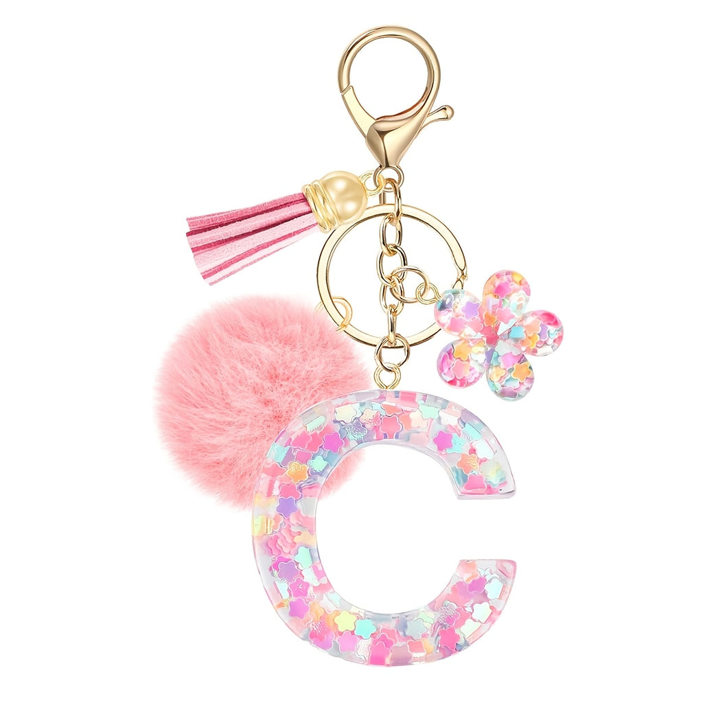 ladies initial keychain cute pink flower resin letter