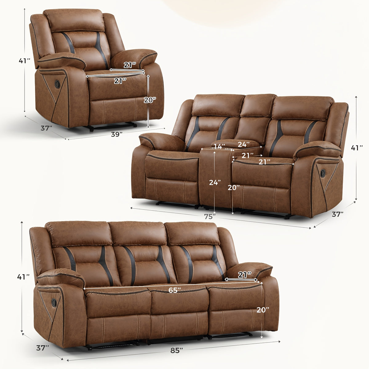 faux leather manual recliner set 3 seat sofa loveseat