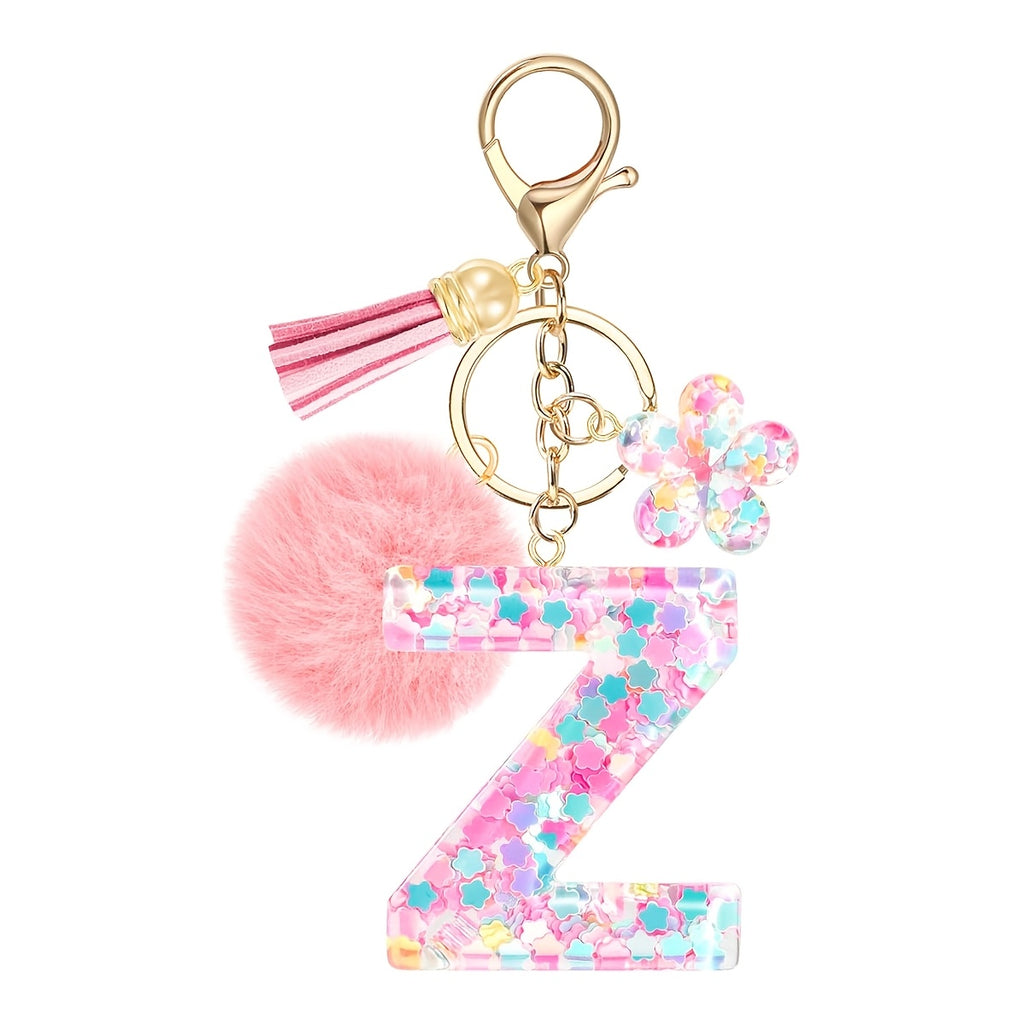 ladies initial keychain cute pink flower resin letter
