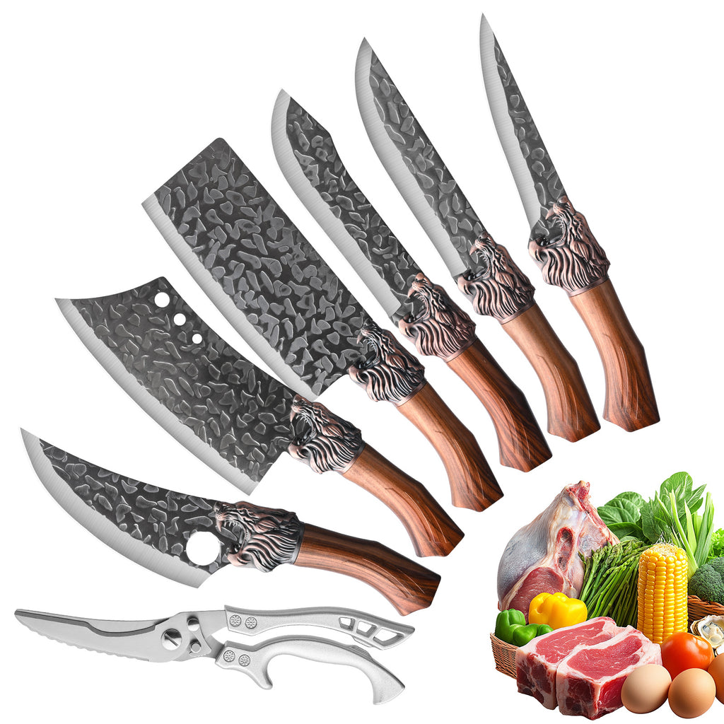 7pcs chef knife set   damascus style blade brown