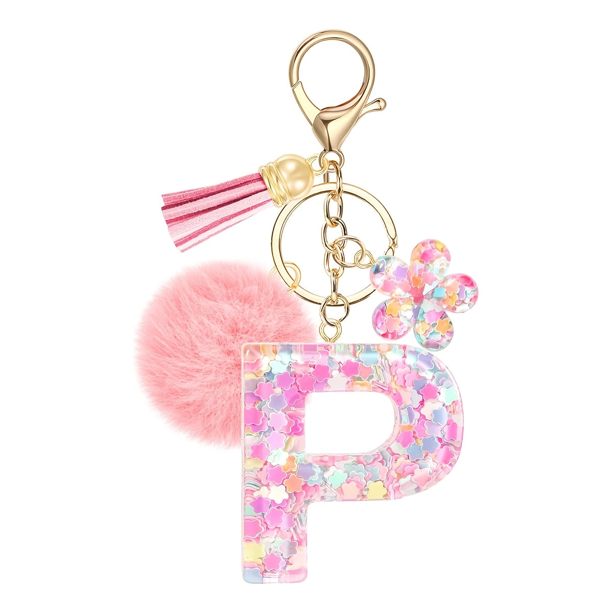 ladies initial keychain cute pink flower resin letter
