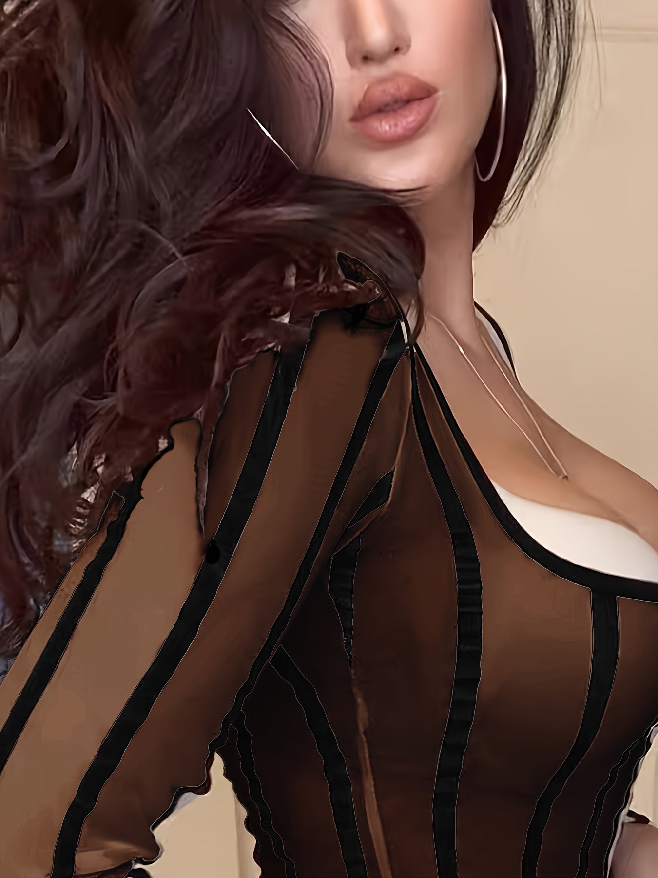 square neck   clavicle vertical striped mesh   t