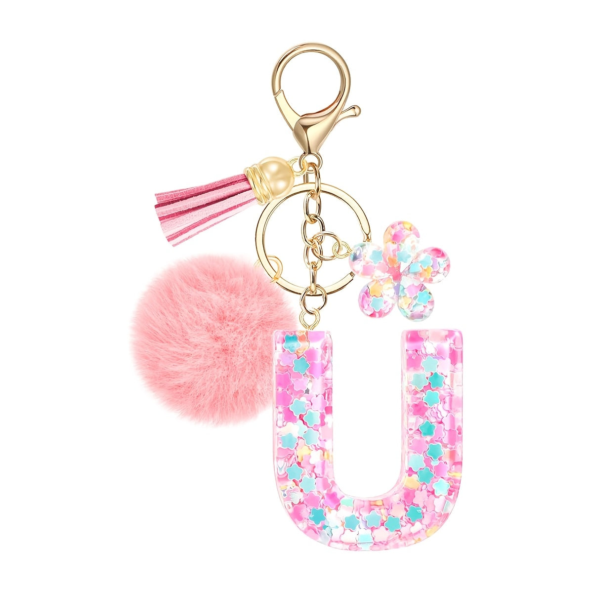 ladies initial keychain cute pink flower resin letter