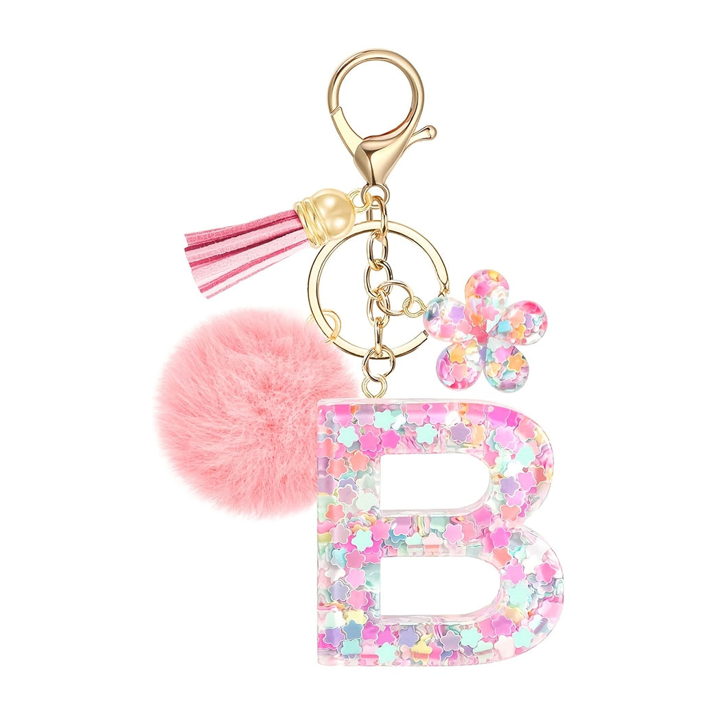 ladies initial keychain cute pink flower resin letter