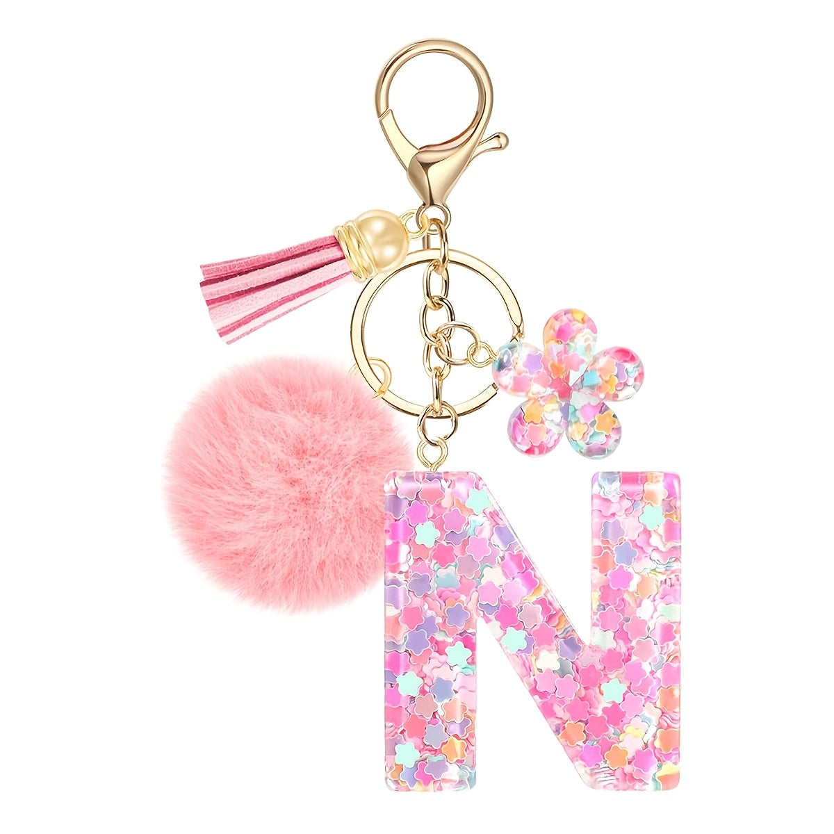 ladies initial keychain cute pink flower resin letter