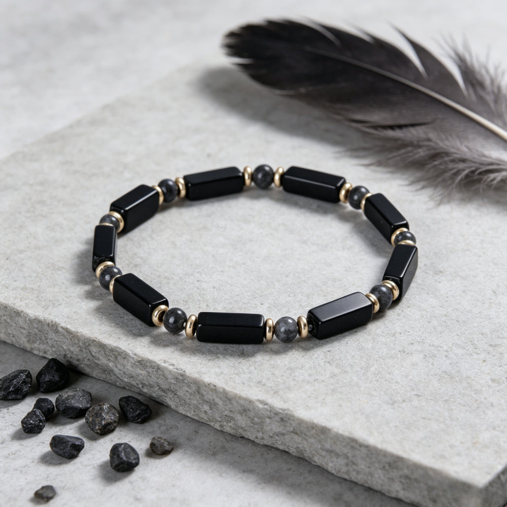 black onyx labradorite rectangular beaded bracelet
