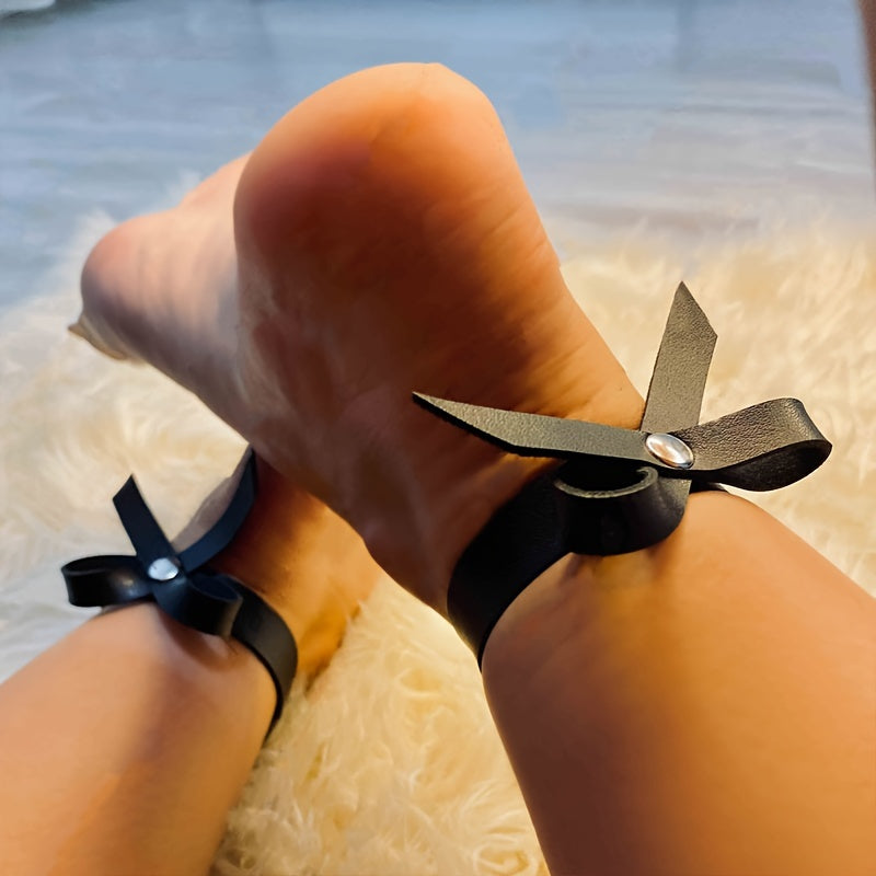 2pcs womens black pu bow anklet   adjustable