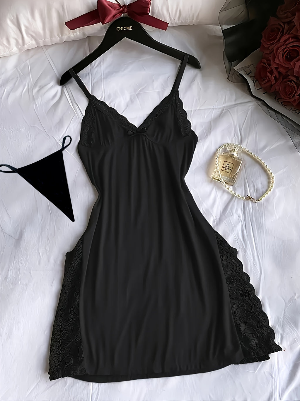 3pcs womens solid color lace nightgowns side slit design