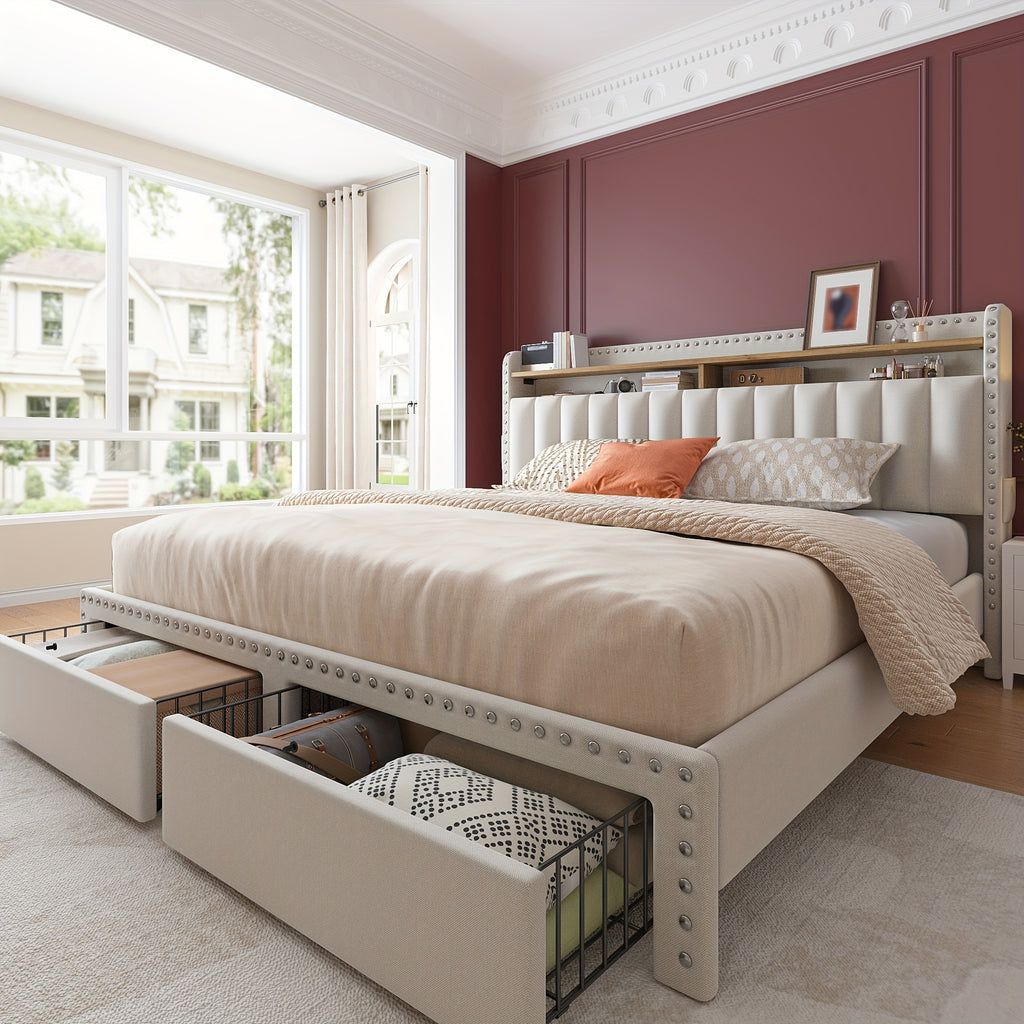 king size upholstered bed frame storage 2 tier headboard 2