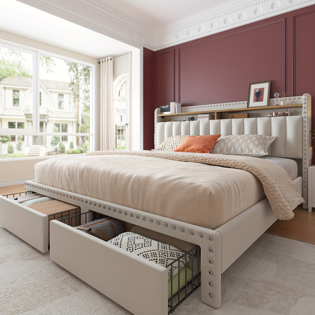 king size upholstered bed frame storage 2 tier headboard 2