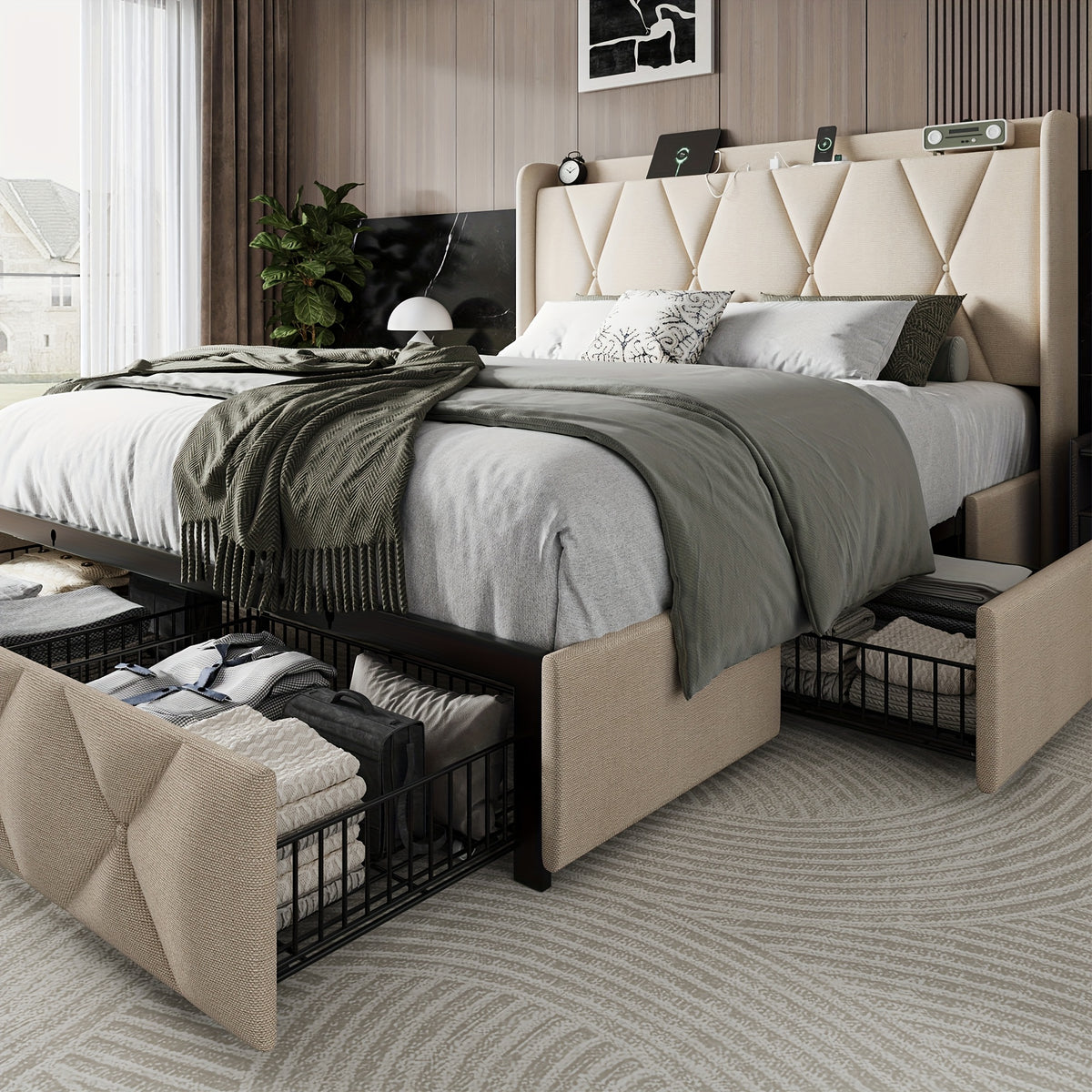 4 drawers storage bed frame wingback headboard