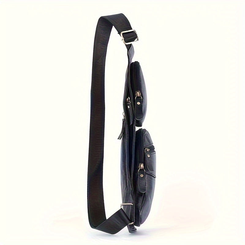 mens genuine cowhide belt bag multiple zipper compartments