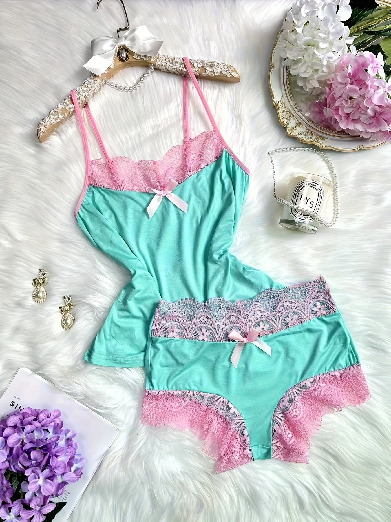 contrast color lace splicing v neck bow splicing soft