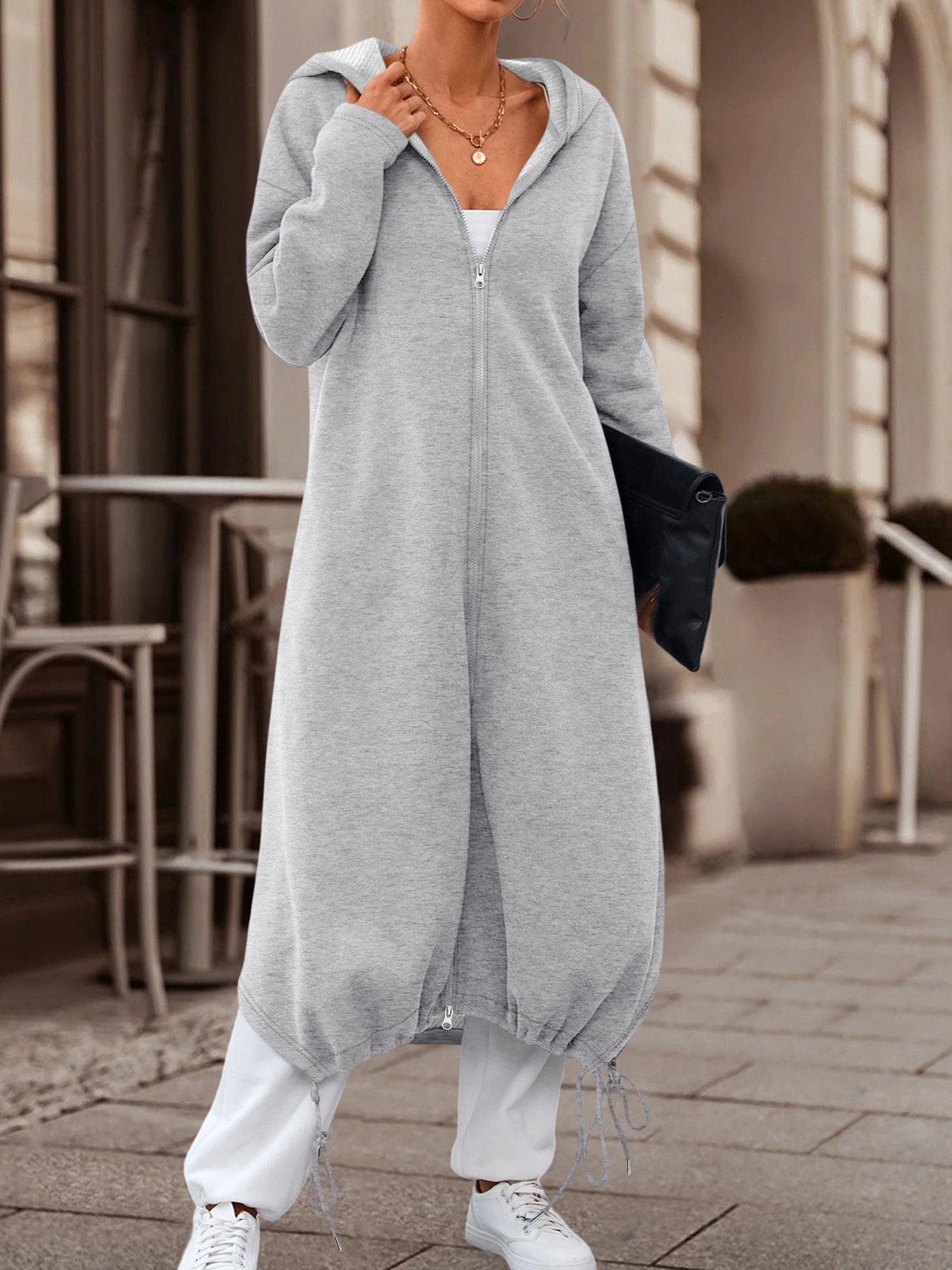autumn winter womens slightly elastic long hooded zip coat
