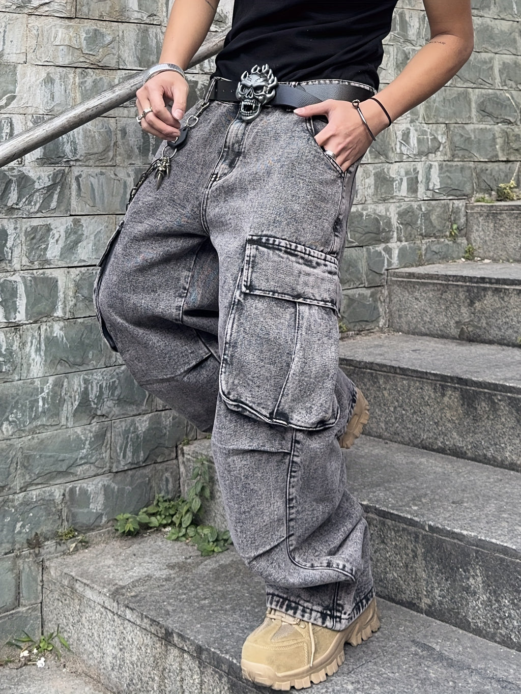 1pc mens baggy loose snowflake grey jeans seasonal hip hop