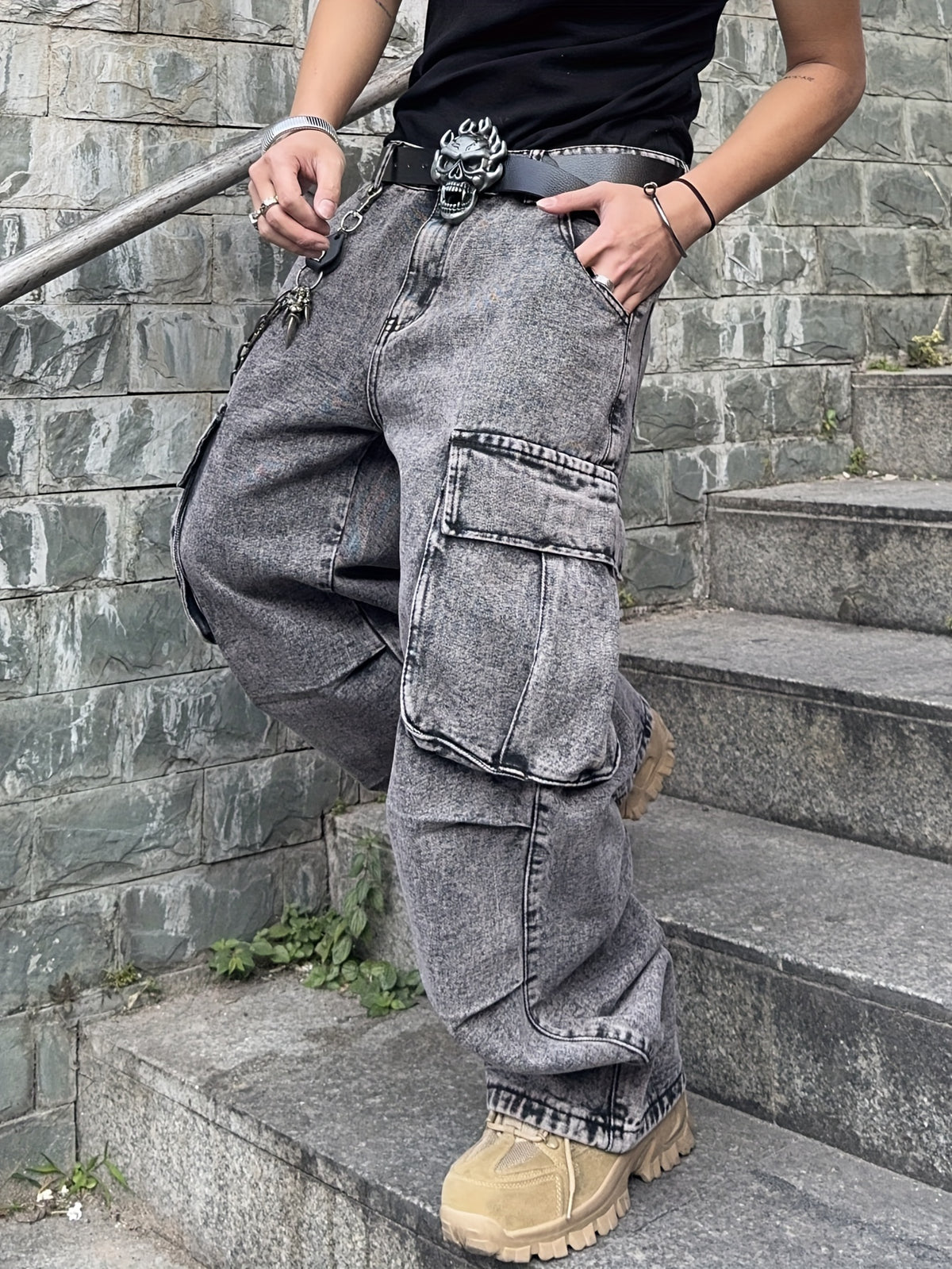 1pc mens baggy loose snowflake grey jeans seasonal hip hop