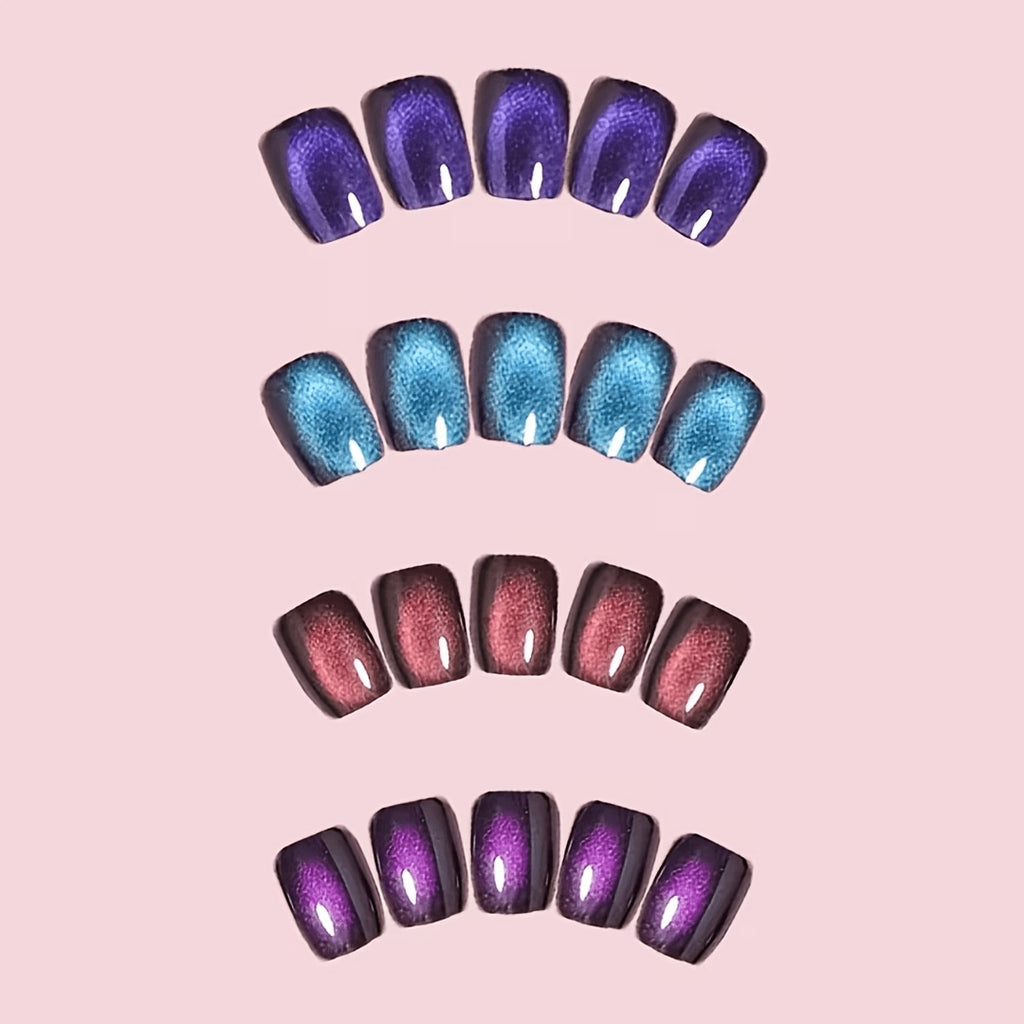96pcs short square glossy cat eye press nails blue purple