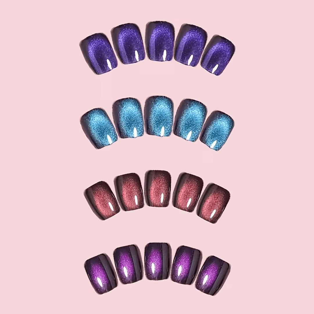 96pcs short square glossy cat eye press nails blue purple