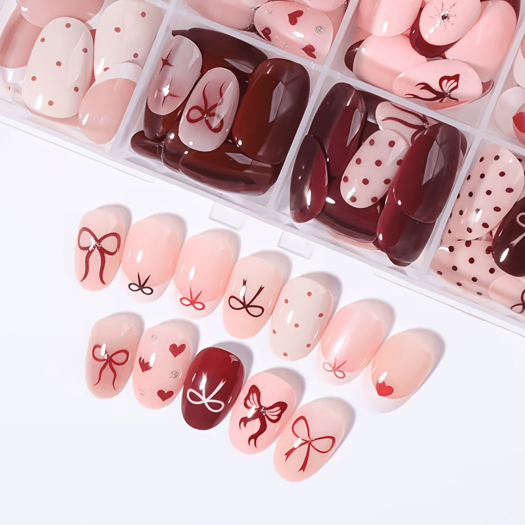 288pcs short oval press nails   multicolor bow heart