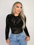 elegant textured flocking long sleeve bodysuit marble