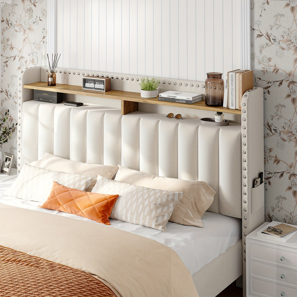 king size upholstered bed frame storage 2 tier headboard 2