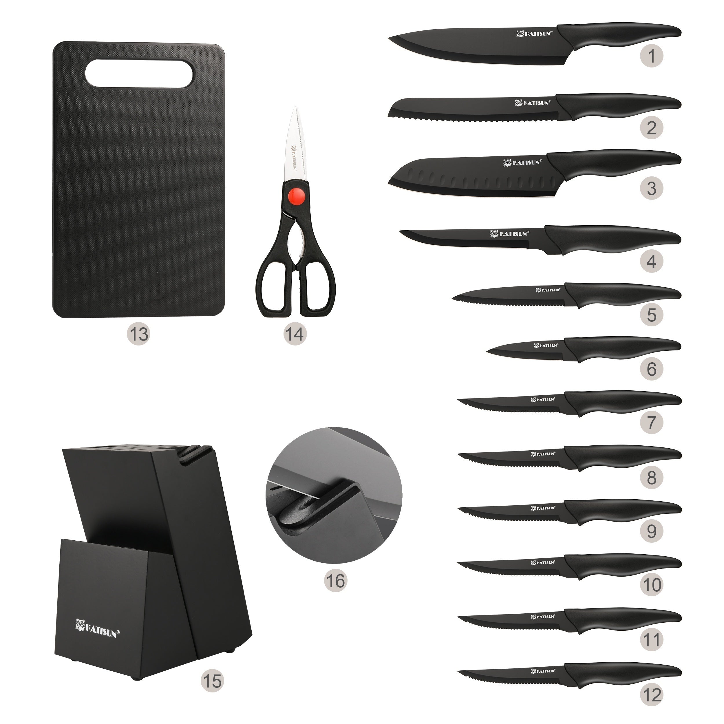 15pcs professional black coded kitchen knife set black