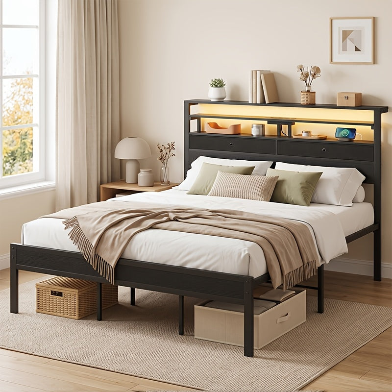 black led platform bed frame charging station 3 tier side