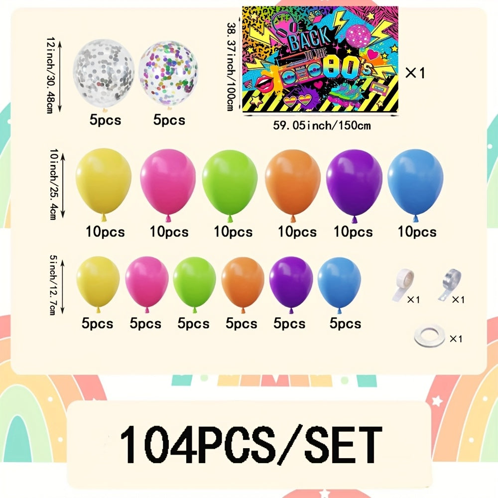 a set 104 balloons featuring an 80s theme showcasing vibrant