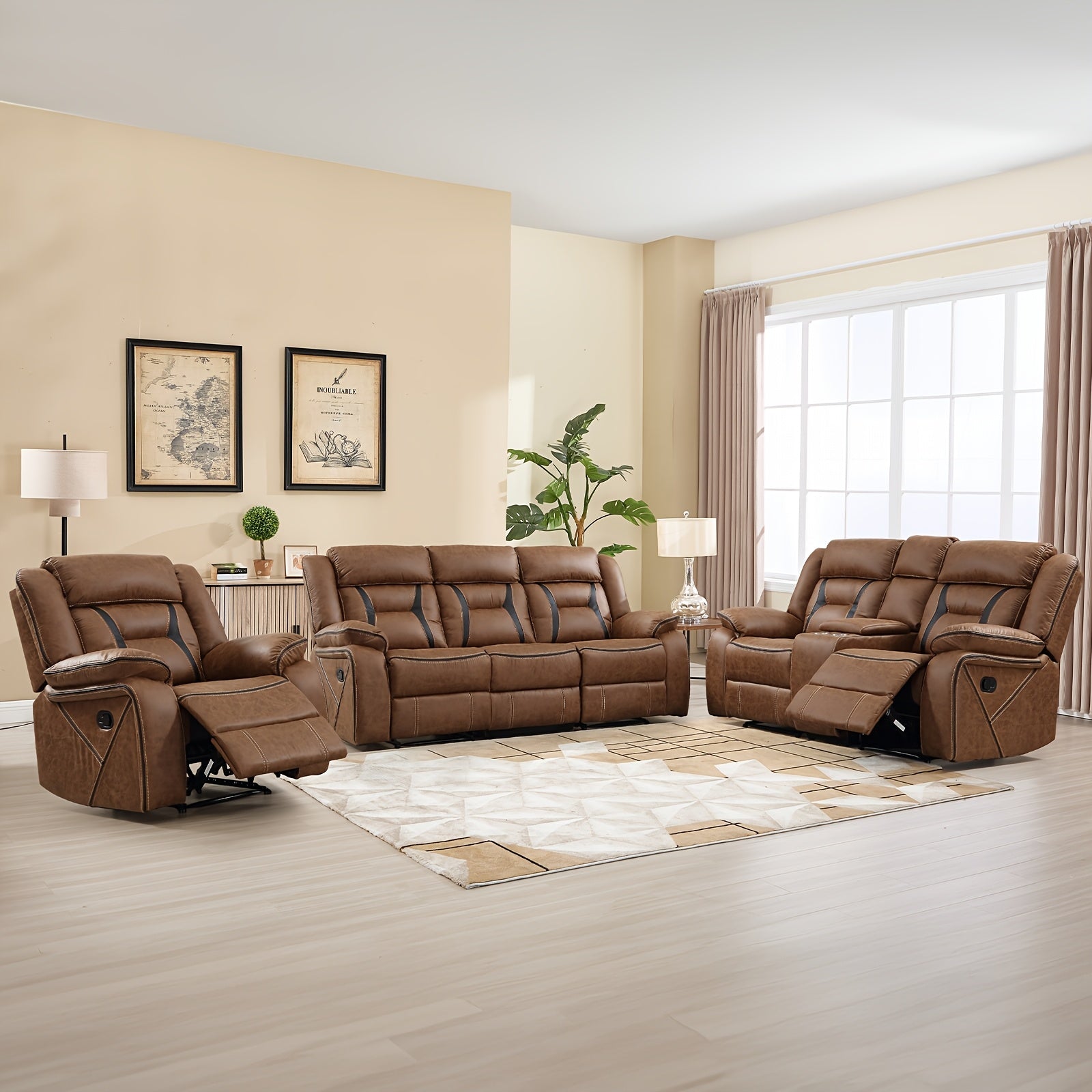 faux leather manual recliner set 3 seat sofa loveseat